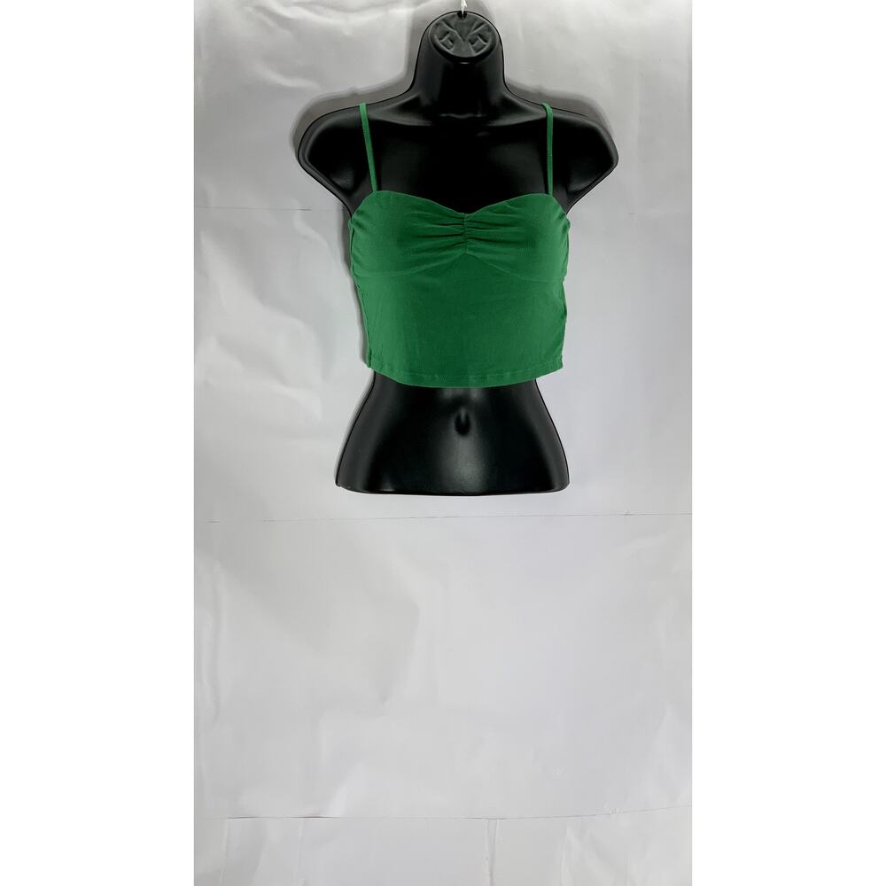 SUN-DEH Women's Dark Green Sweetheart Neck Adjustable Strap Ribbed Crop Top SZ S